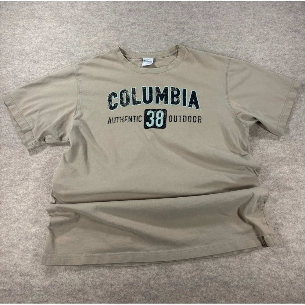 Columbia Authentic Outdoor Graphic T-Shirt Mens XL Tan Khaki Cotton EM6315
